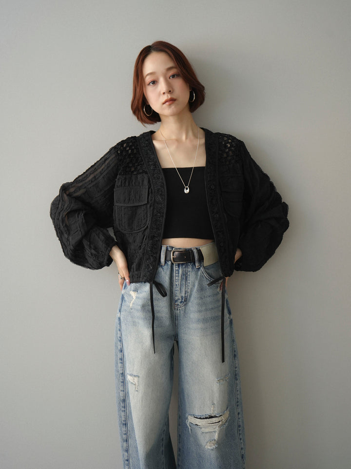 [SET]パッチワークシアーフリルブルゾン+カップ付テレコリブベアキャミソール(2set)