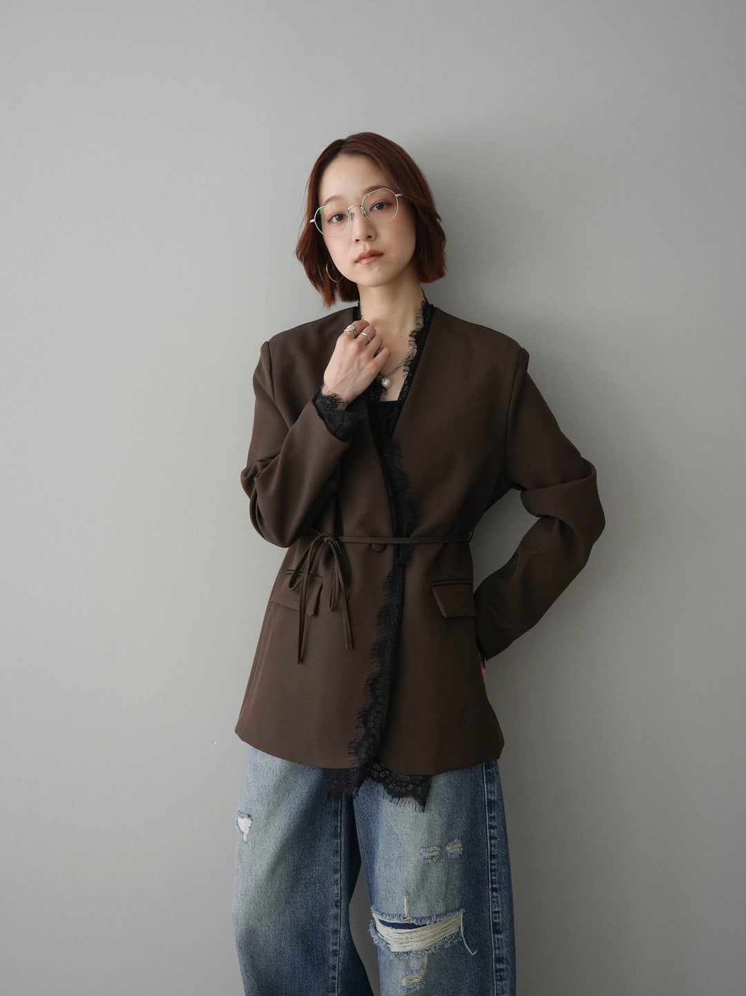 [SET]ノーカラーレースジャケット+カップ付テレコリブベアキャミソール(2set)