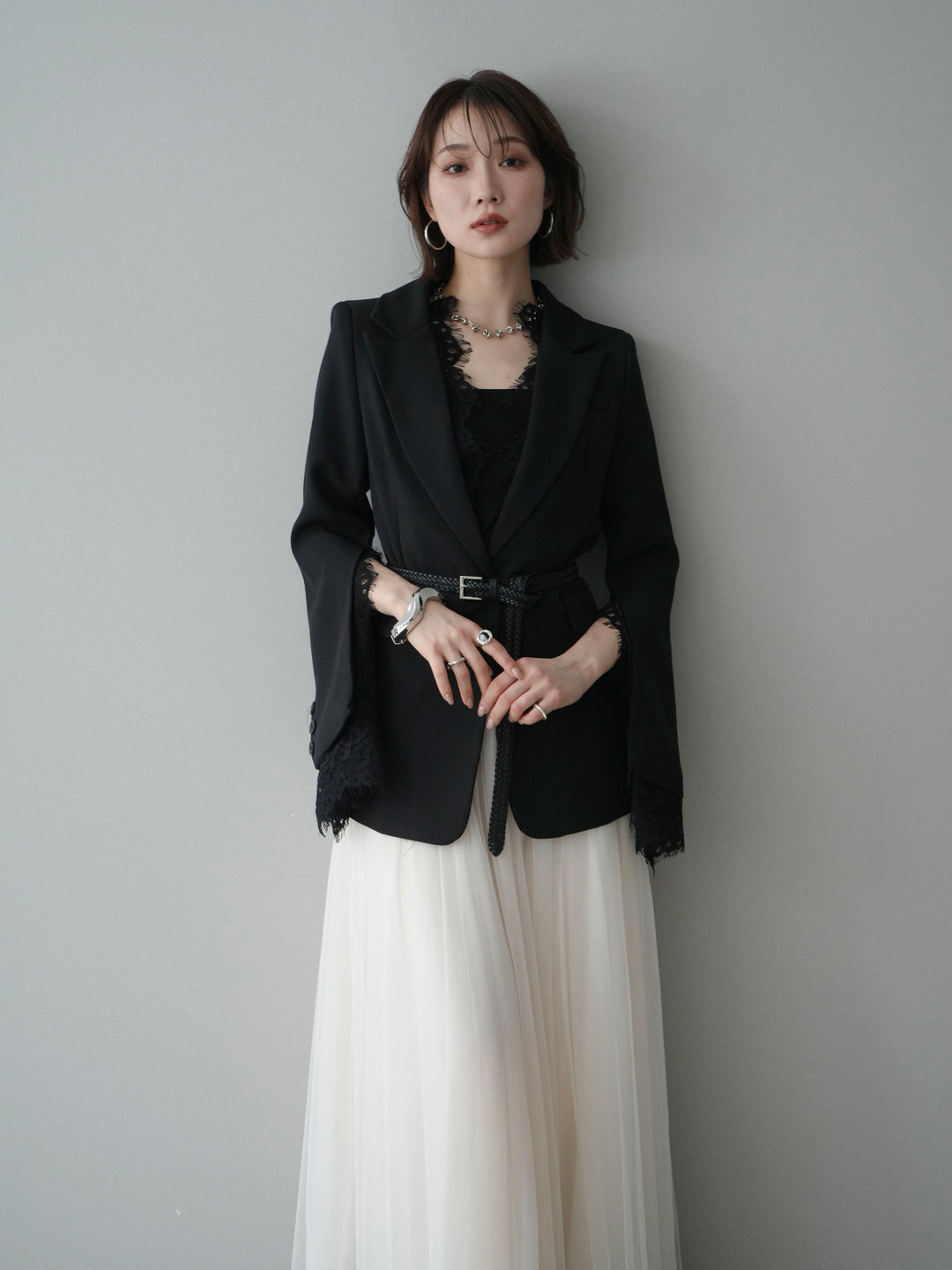 [予約]レースレイヤードスリットジャケット/black