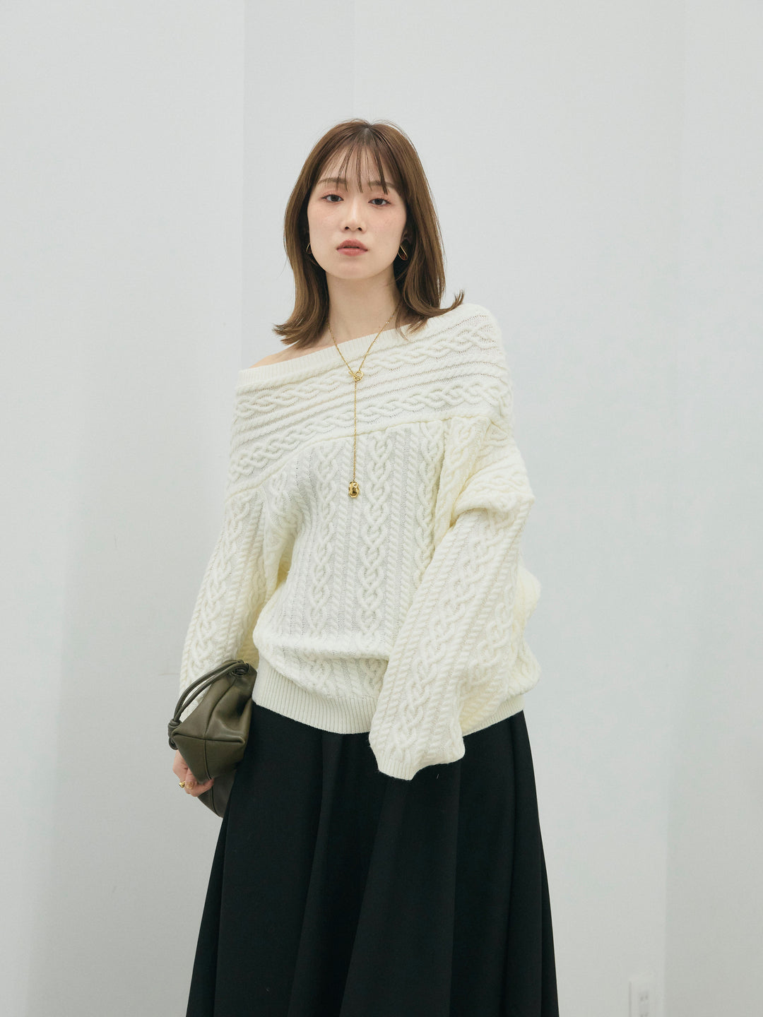 【Allure】[SET]ケーブルワンショルニットプルオーバー+ウールタッチフレアスカート(2set)