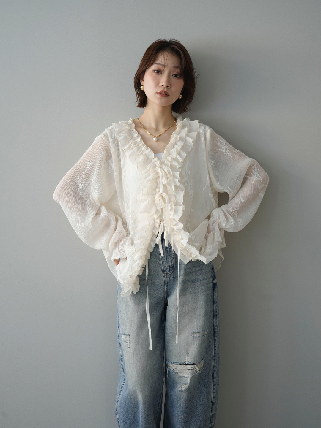 [予約]楊柳ラッフルフリルカーディガン/ivory