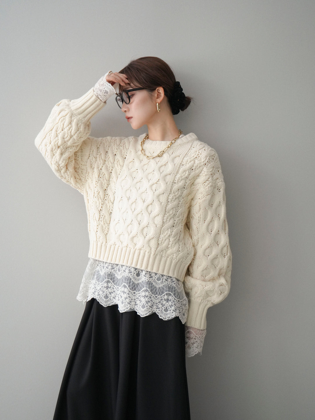 [SET]バルキーケーブルクロップドニットプルオーバー+チュールレーストップス(2set)