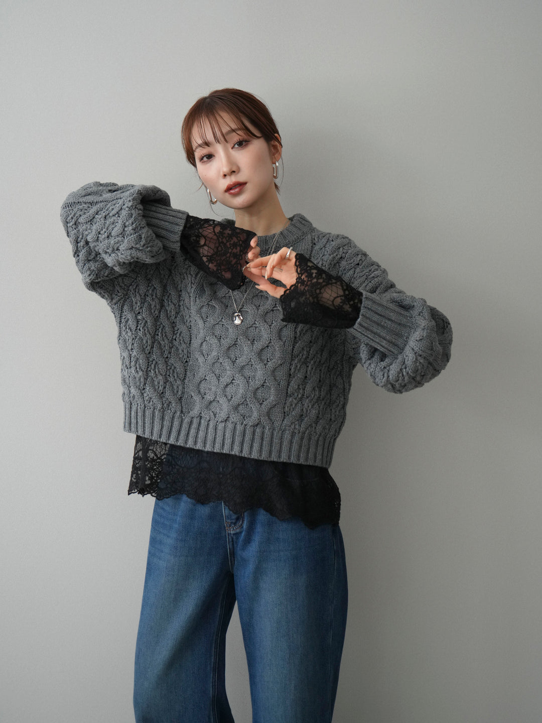 【着回しセット】[SET]バルキーケーブルクロップドニットプルオーバー+アンゴラタッチクルーネックニットプルオーバー+チュールレーストップス(3set)