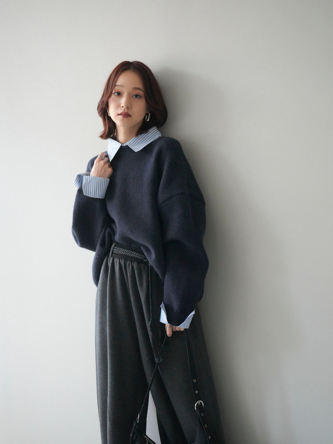 [予約]2WAYストライプ襟ニットプルオーバー/navy