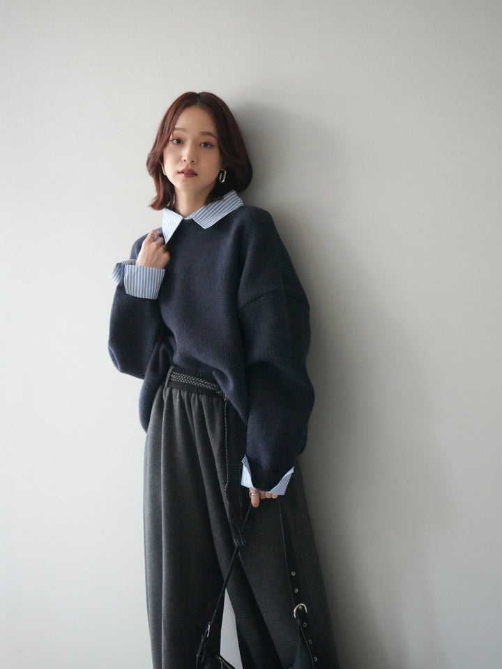 [予約]2WAYストライプ襟ニットプルオーバー/navy