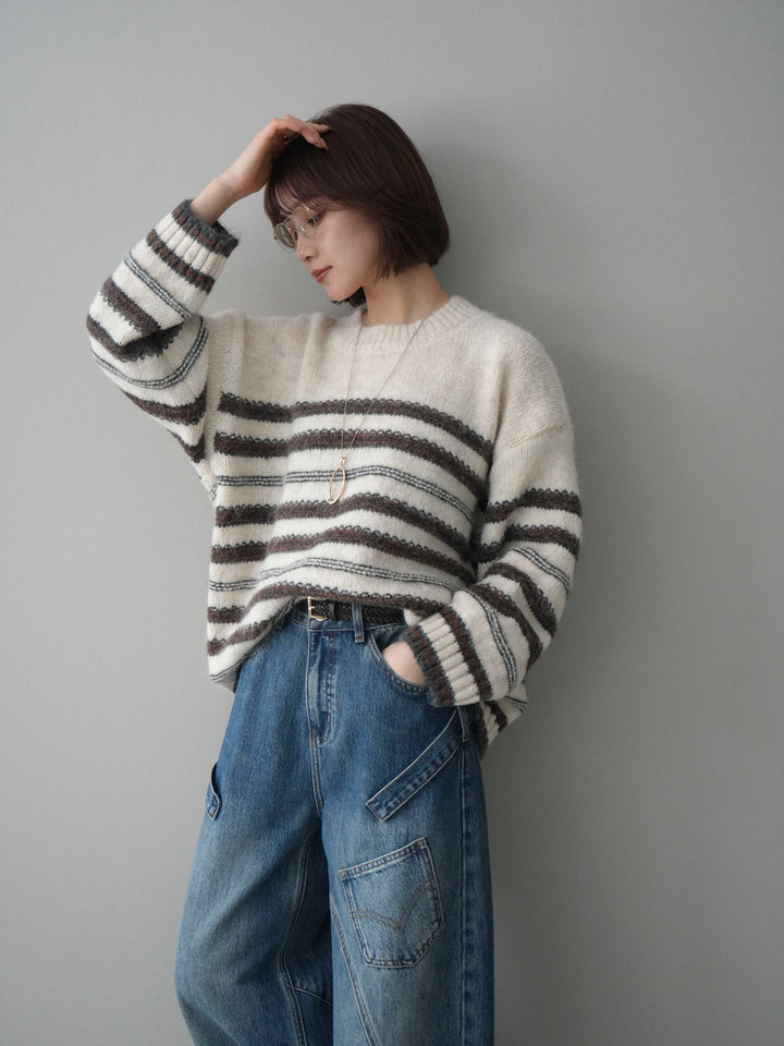 [SET]ステッチボーダーニットプルオーバー+ペインターカーブデニムパンツ(2set)