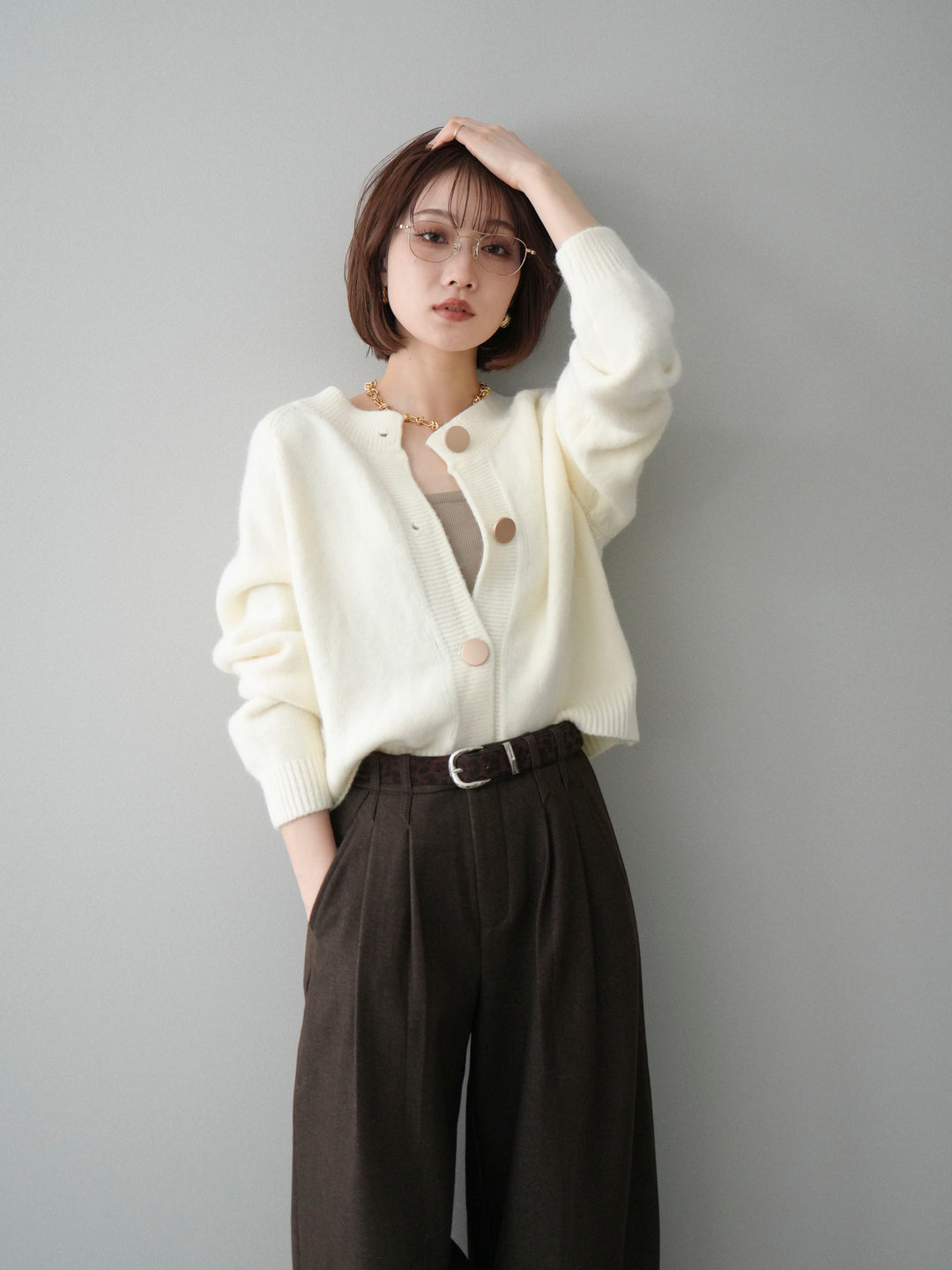 [SET]BIGボタンニットカーディガン+アニマル柄ベルト付きウールタッチワイドパンツ(2set)