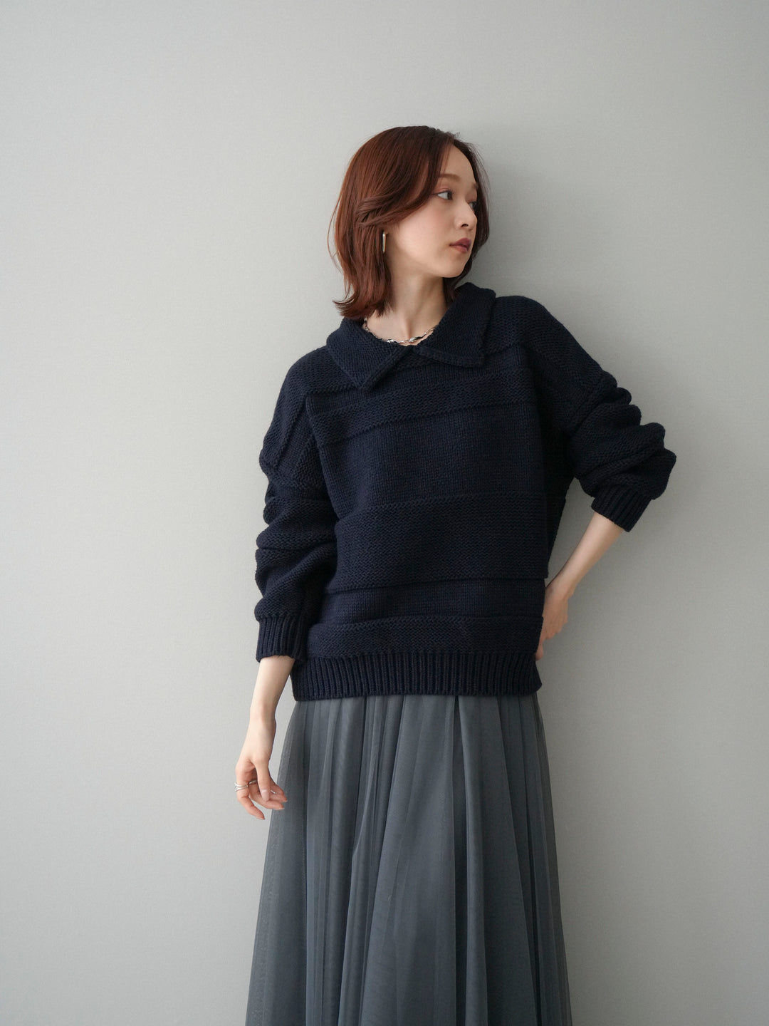 [SET]襟付きボーダー編みニットプルオーバー+チュールボリュームスカート(2set)