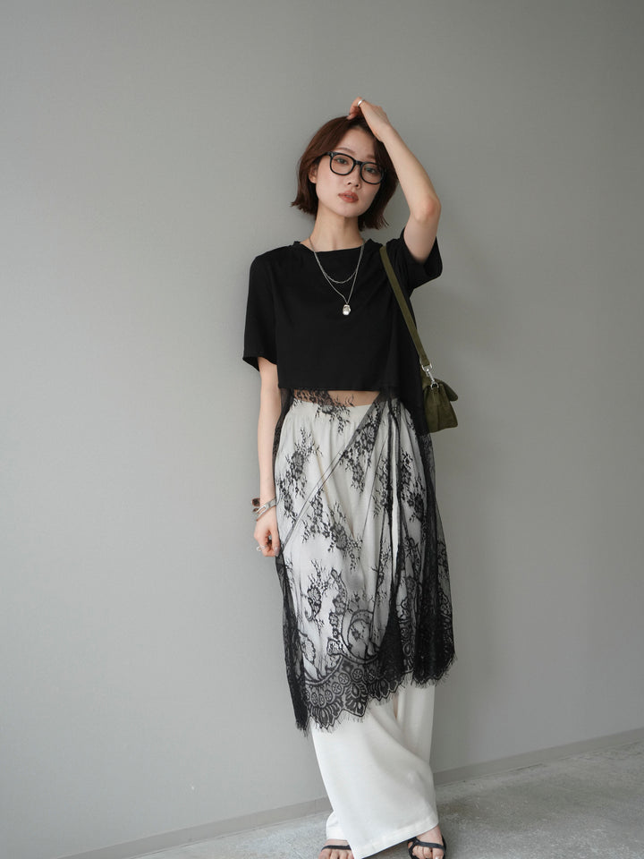 [SET]レースドッキングレイヤードワンピースTEE+とろみサテンイージーパンツ(2set)
