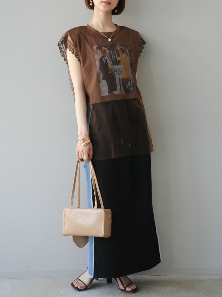 [予約]デニムドッキングスウェットスカート/ブラック