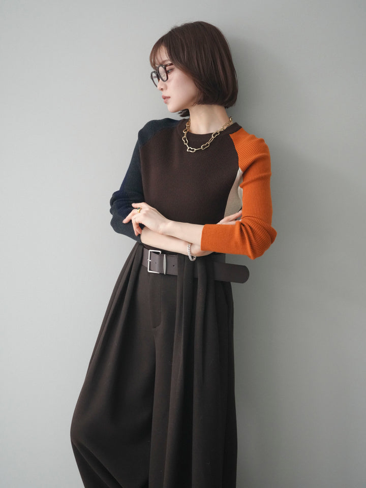 [SET]バイカラーラグランニットトップス+ベルトデザインループウールワイドパンツ(ベルト付)(2set)