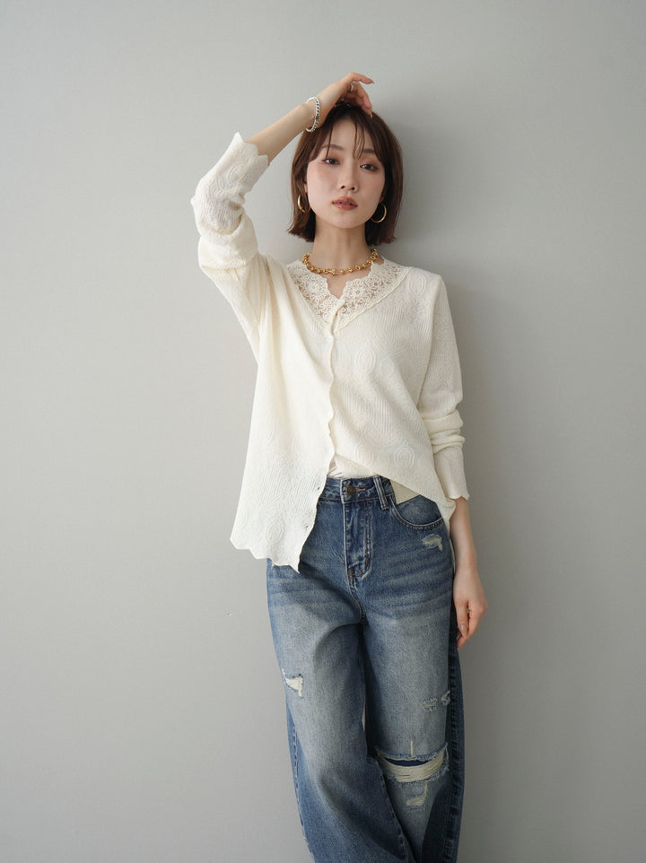[SET]レースネックジャガードニットカーディガン+選べるアクセセット(2set)