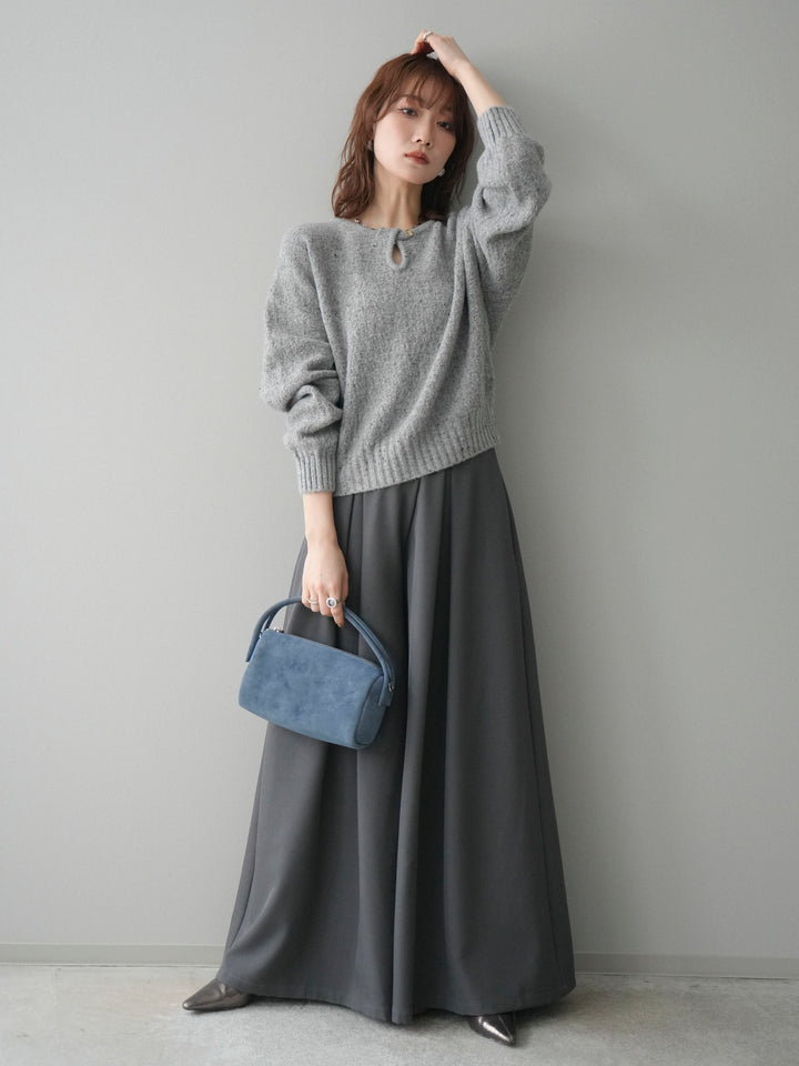 [SET]ツイストネックラメネップヤーンニットプルオーバー+テープベルトタックバギーパンツ(2set)