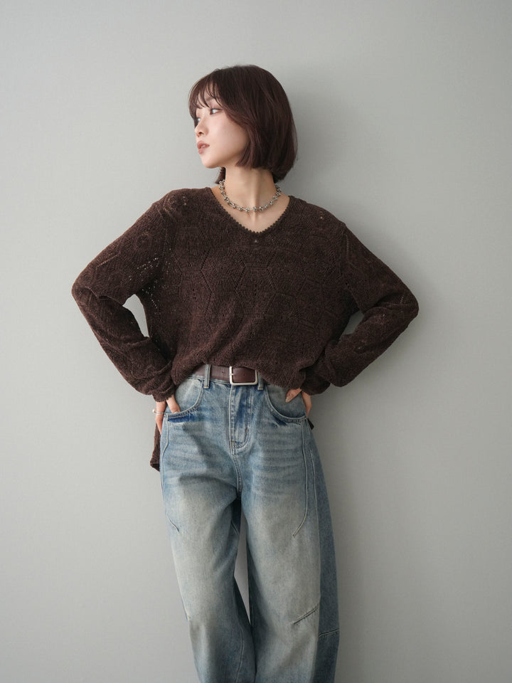 [予約]モール透かし編みニットトップス/brown