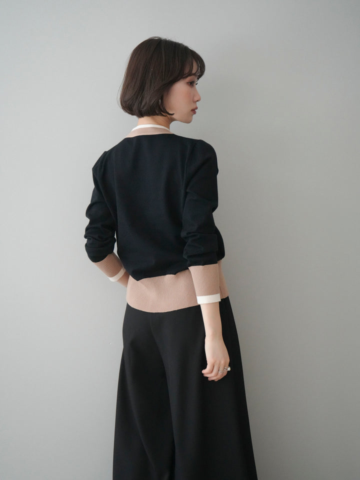 [SET]デザインボタン配色Vネックニットカーディガン+テープベルトタックバギーパンツ(2set)