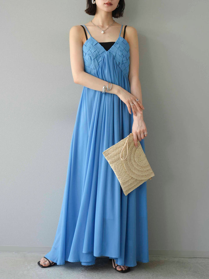 [予約]編み込みデザインシフォンワンピース/ブルー
