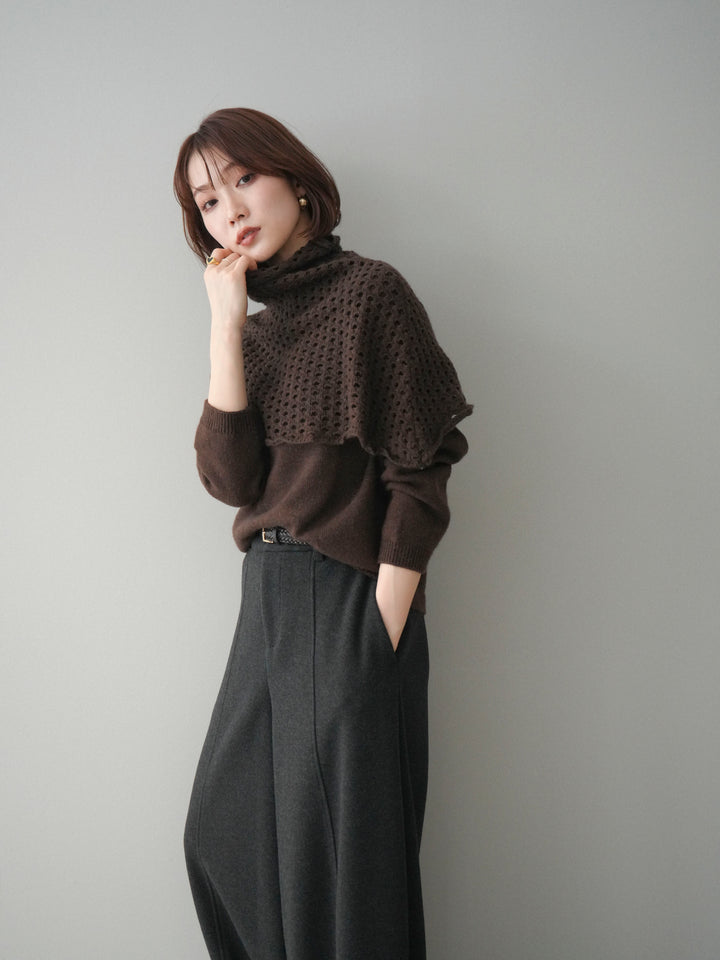 [予約]メッシュケープアンサンブルニットプルオーバー/brown