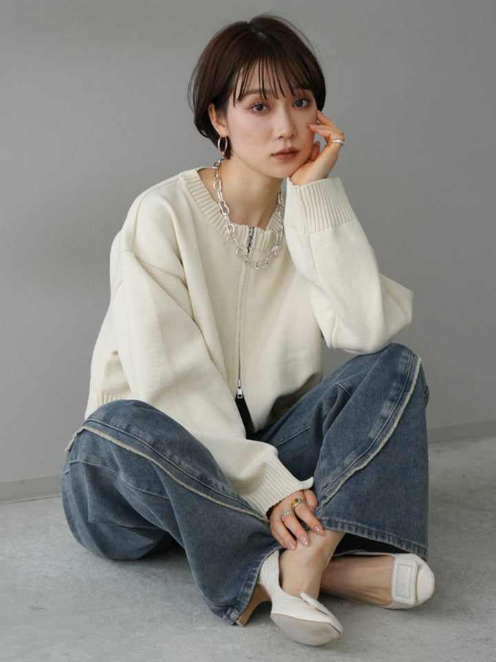 [SET] Double zip cropped knit cardigan + fringe boyfriend denim (2set)