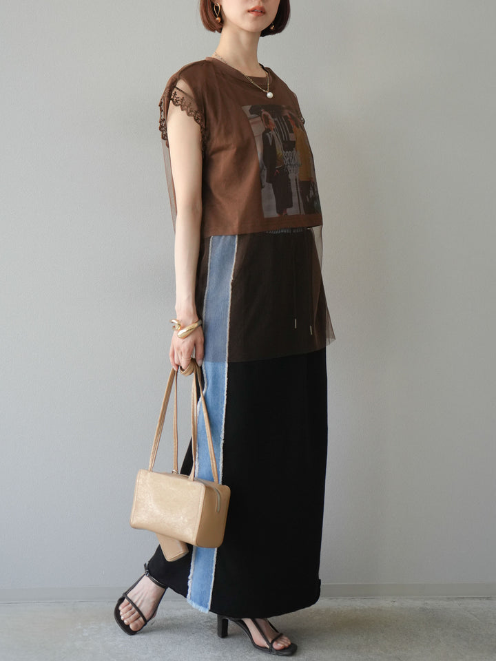 [予約]デニムドッキングスウェットスカート/ブラック