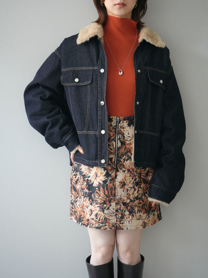 [予約]デニム×ファーステンカラーショートジャケット/indigo