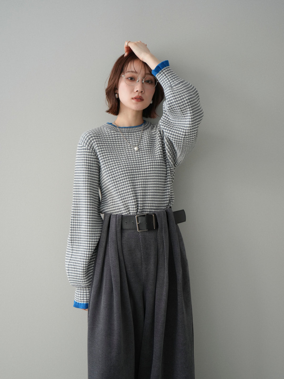 [予約]ラメ異素材ボーダーリブニットプルオーバー/charcoal×blue