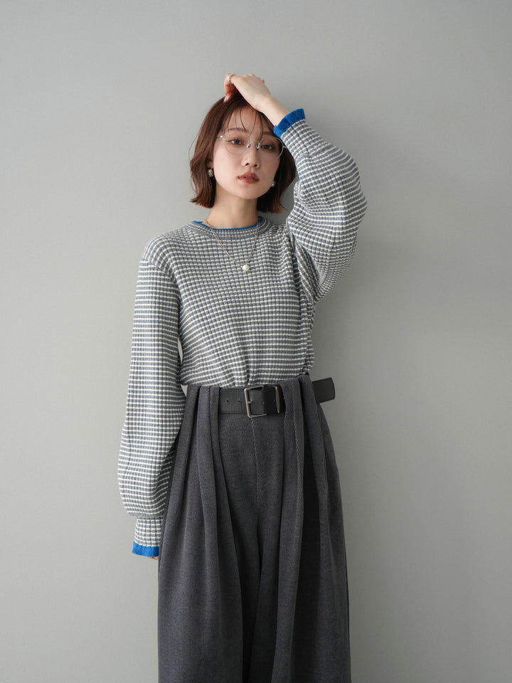 [予約]ラメ異素材ボーダーリブニットプルオーバー/charcoal×blue