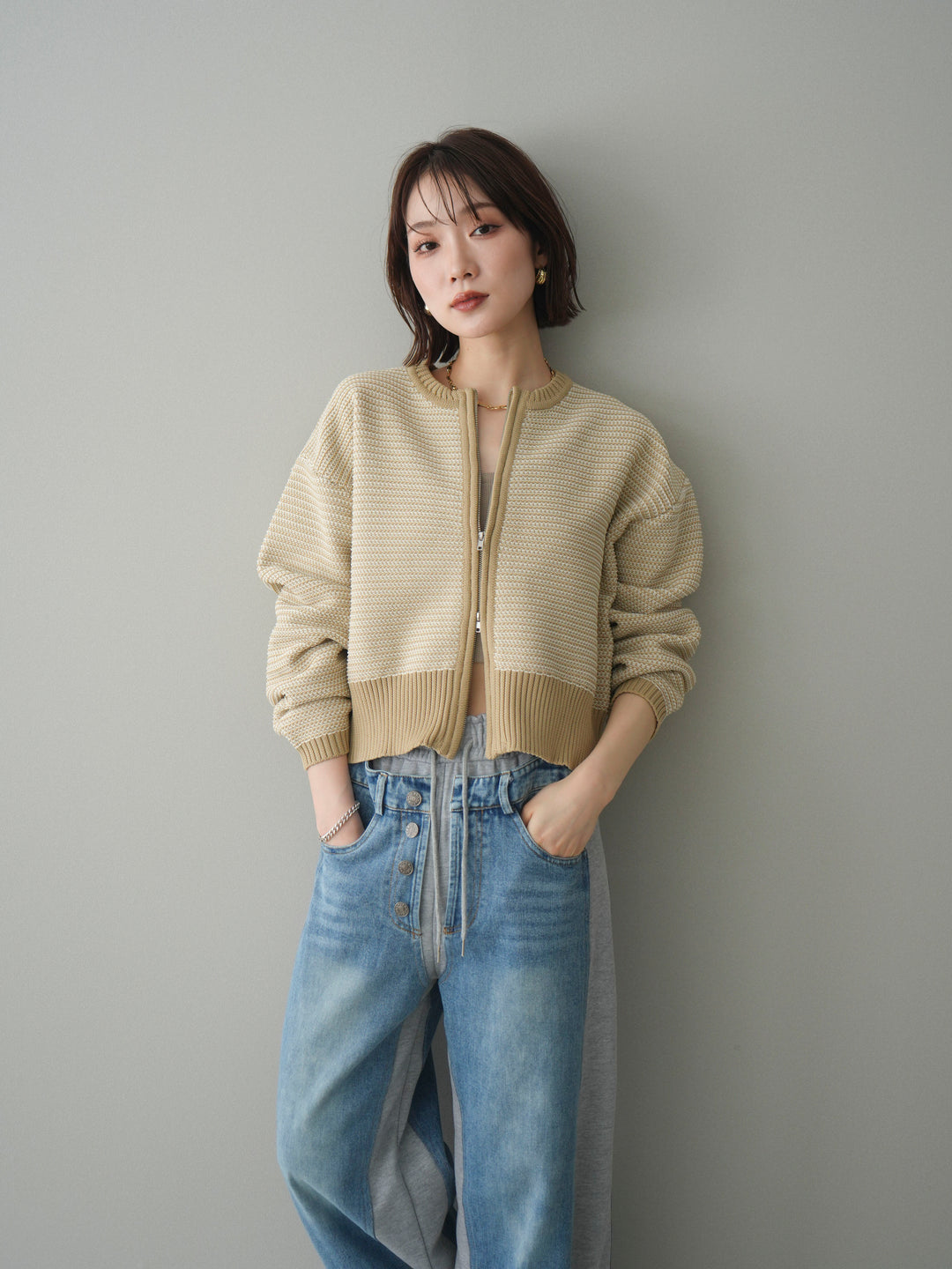 [予約]ボーダーダブルZIPカーディガン/beige