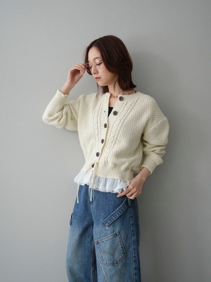 [SET]裾レースケーブルニットカーディガン+ペインターカーブデニムパンツ(2set)