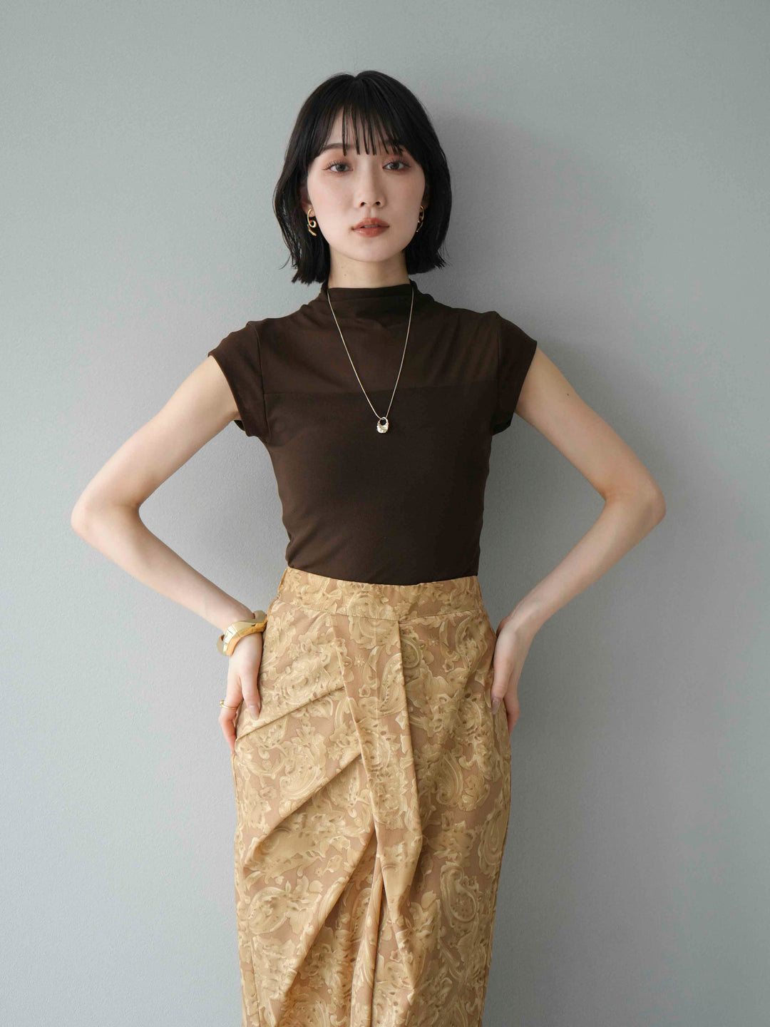 [預訂] 透明切換彈性上衣/棕色