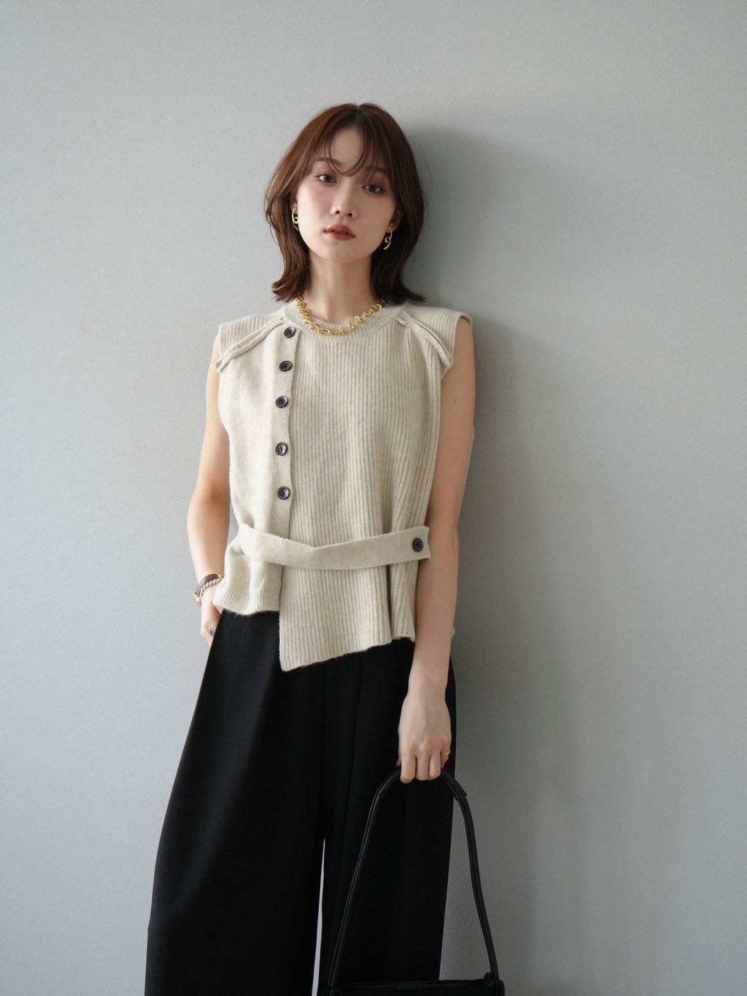 [4]レイヤードボタンニットベスト/オフホワイト