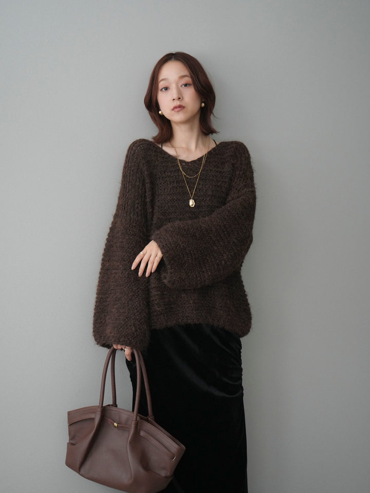 [SET]ワッフル編みシャギーニットプルオーバー+ギャザーベロアスカート(2set)