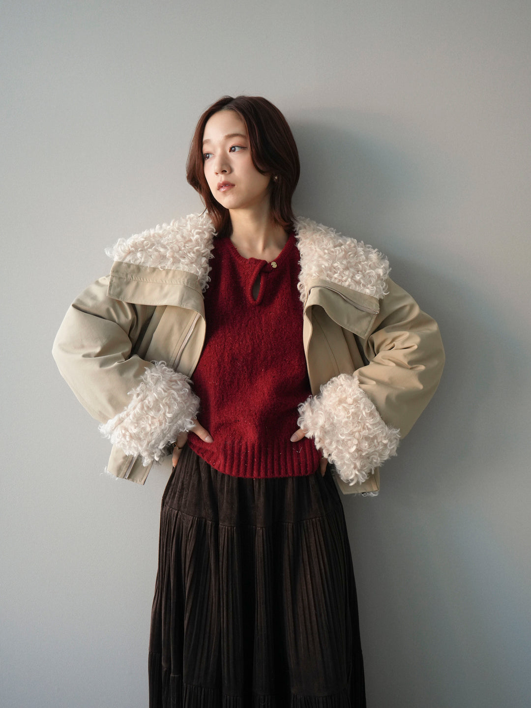 [SET]プードルファーダウンジャケット+ベロアティアードワッシャースカート(2set)