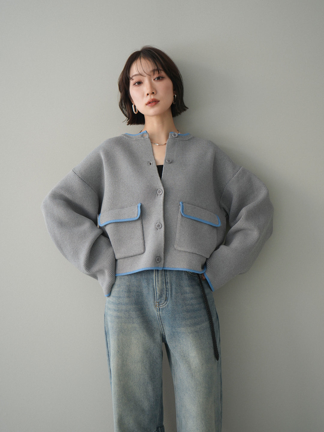 [SET]ポリエステル配色ニットカーディガン+ポリエステル配色ニットカーディガン(2set)