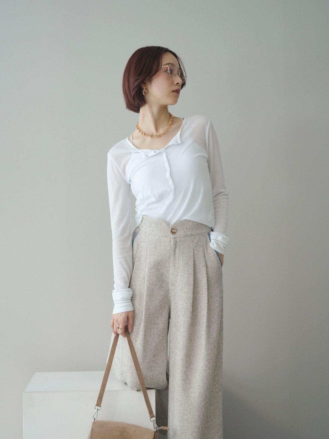 [予約]シアーリブヘンリーネックロンT/white