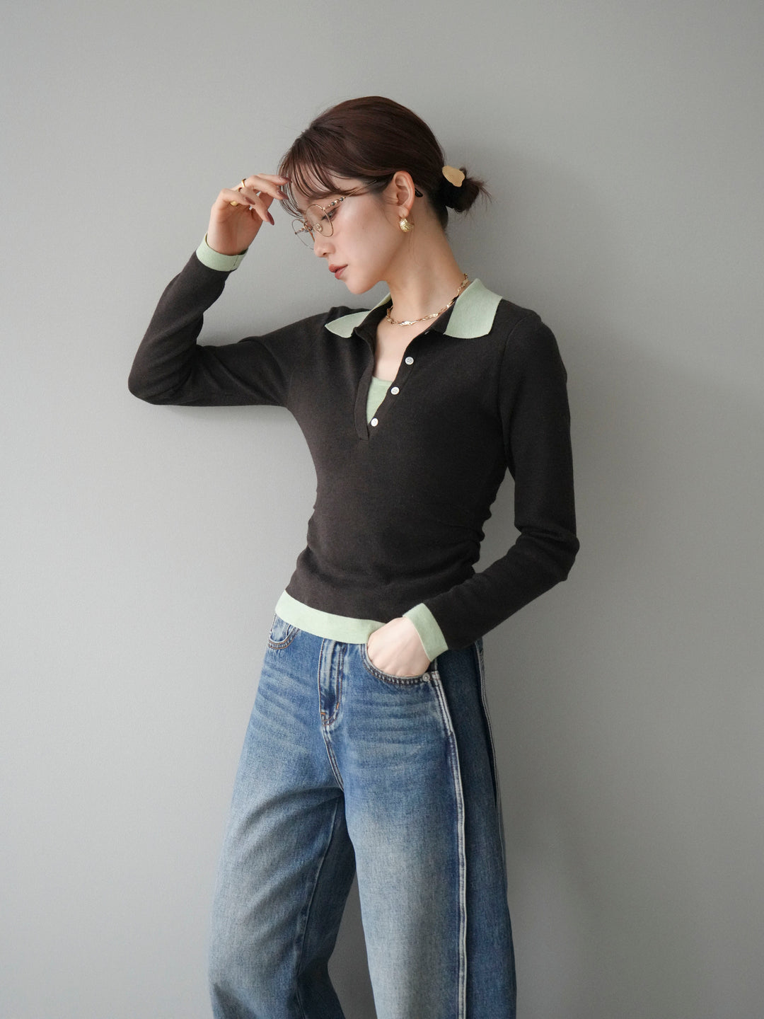[予約]レイヤード配色ポロニットトップス/darkbrown