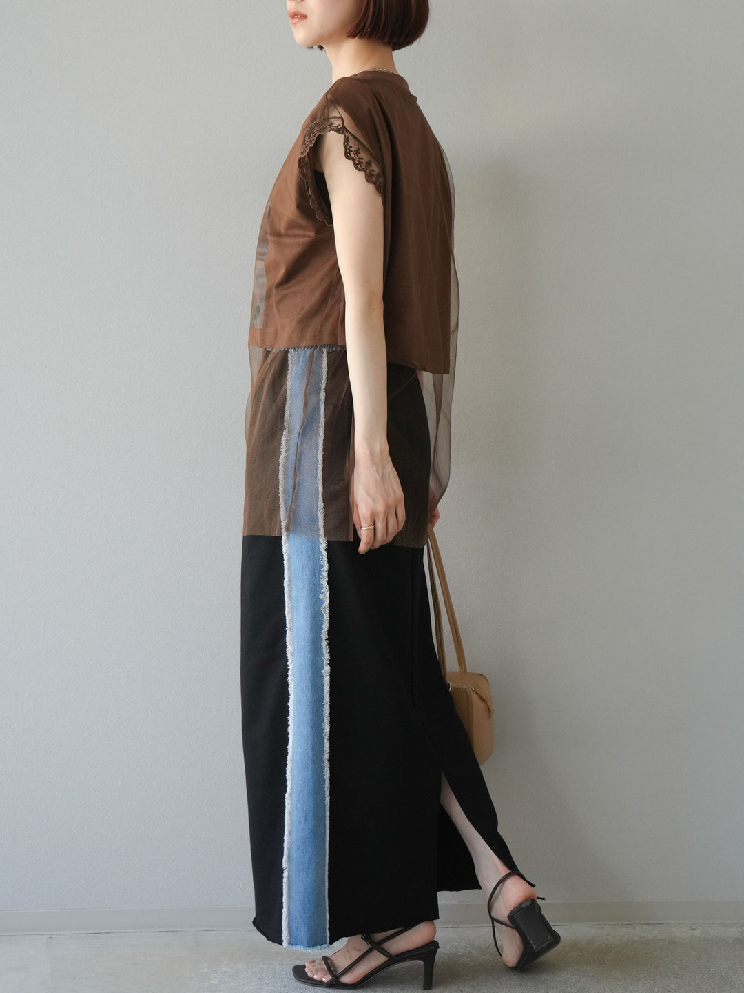 [予約]デニムドッキングスウェットスカート/ブラック