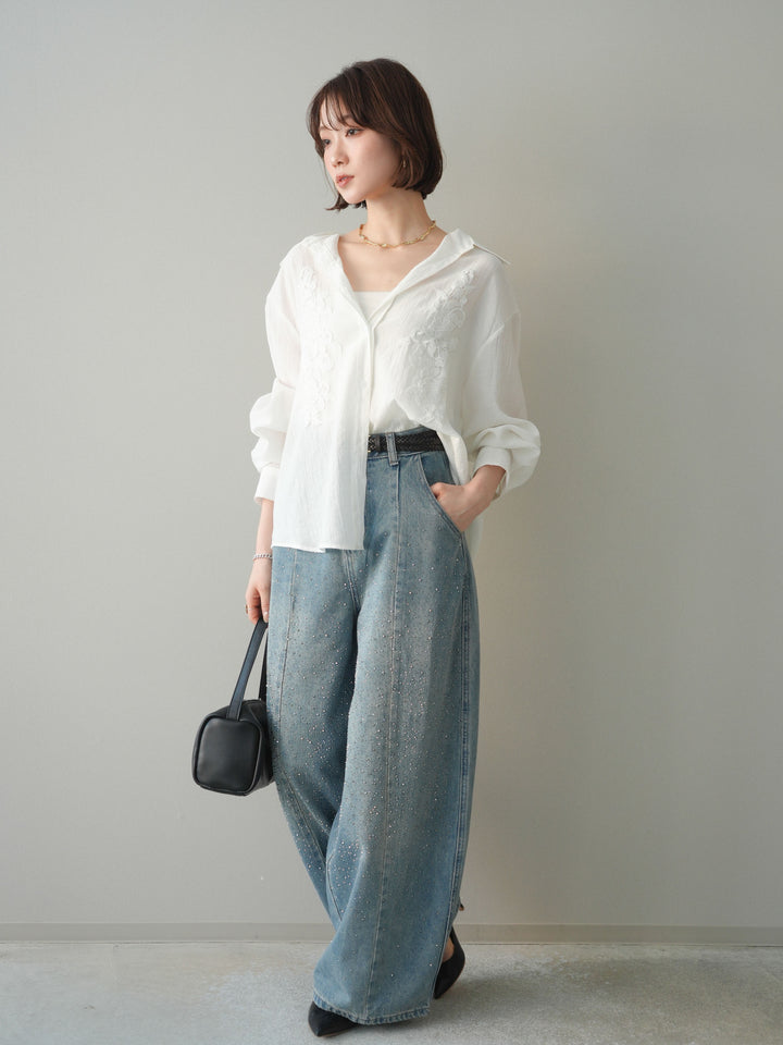 [予約]フロントビジューカーブデニムパンツ/lightblue