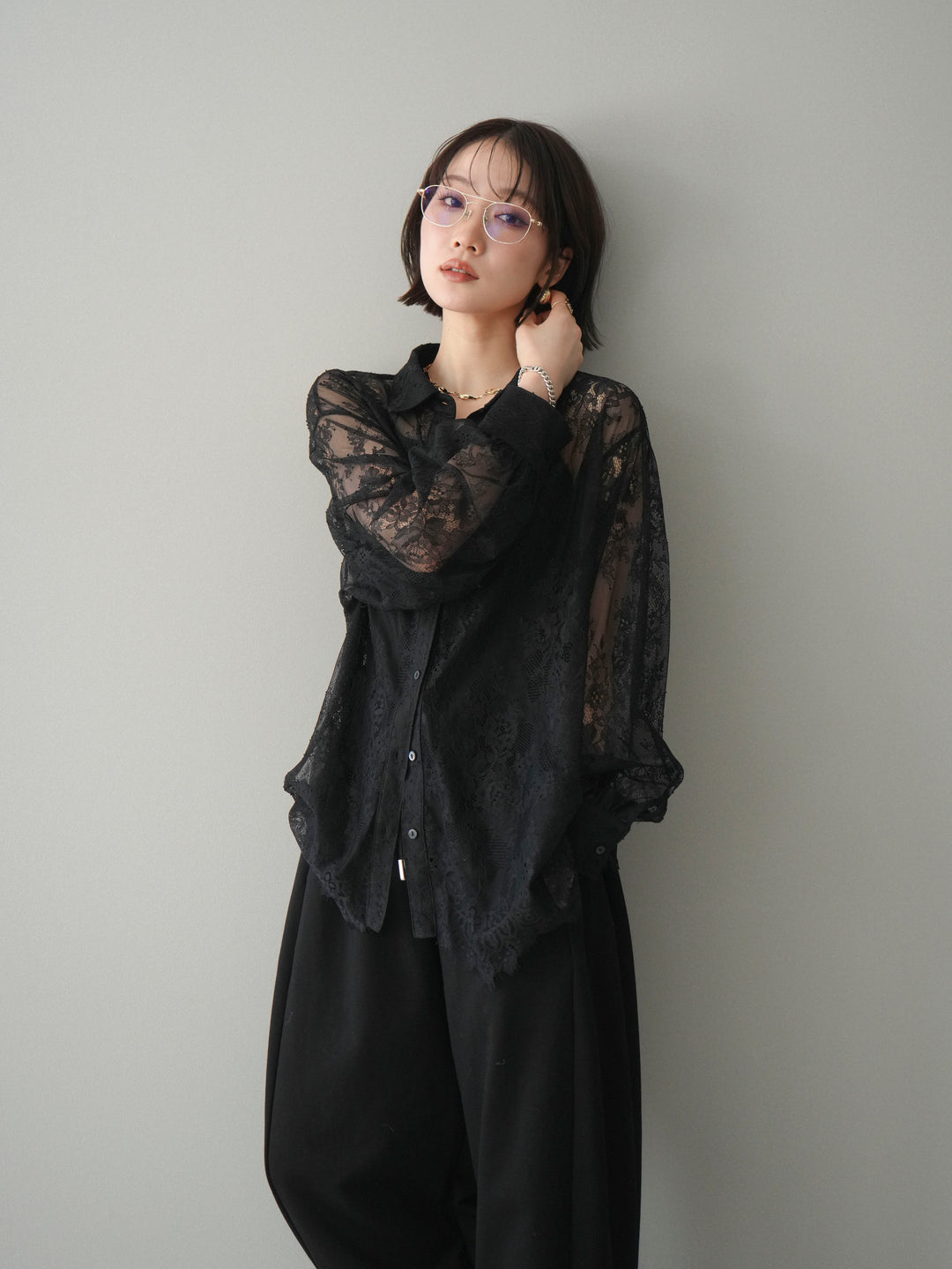 [予約]総レースボリュームスリーブシャツ/black