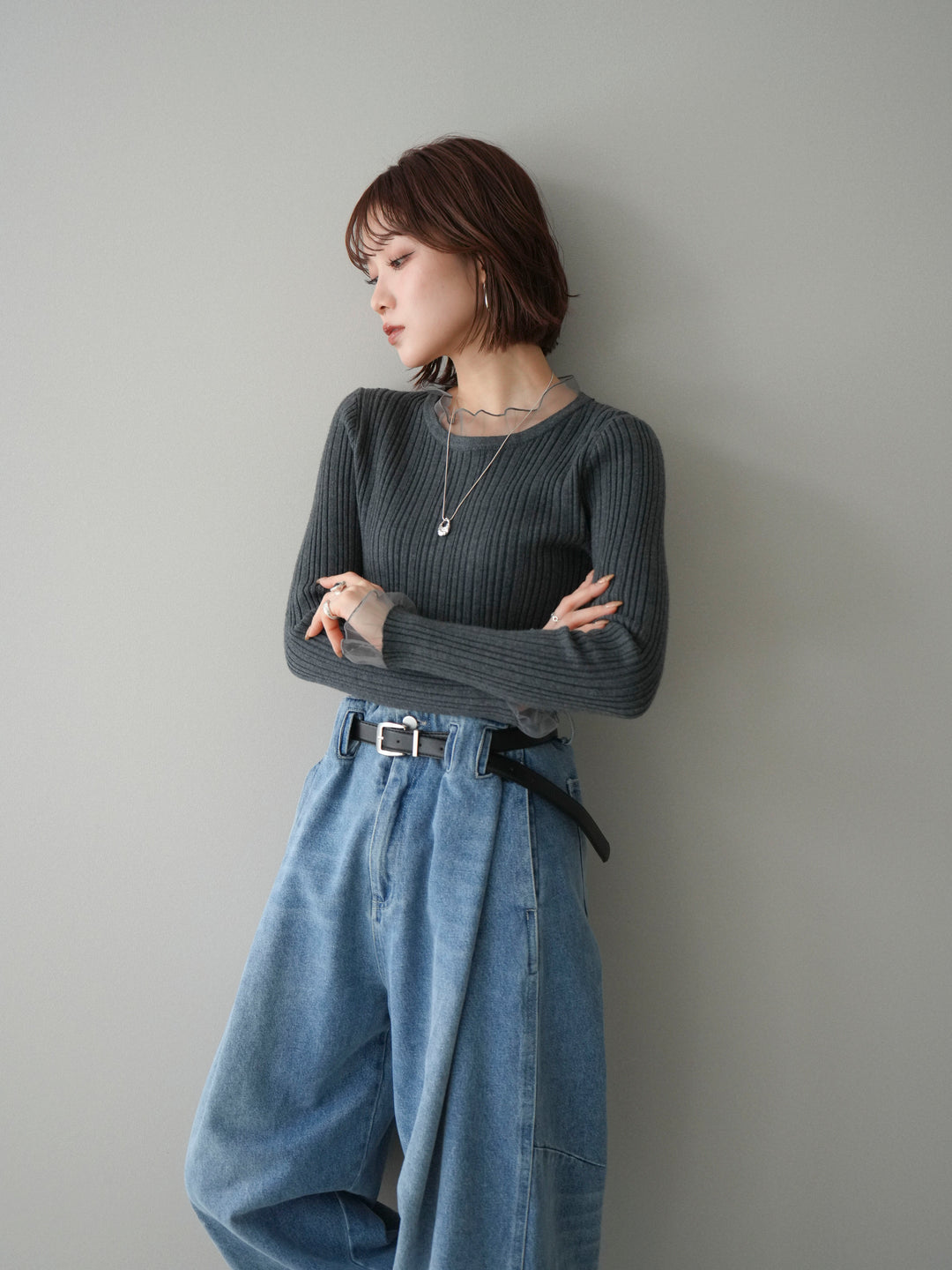 [SET]チュールドッキングリブニットトップス+チュールドッキングリブニットトップス(2set)