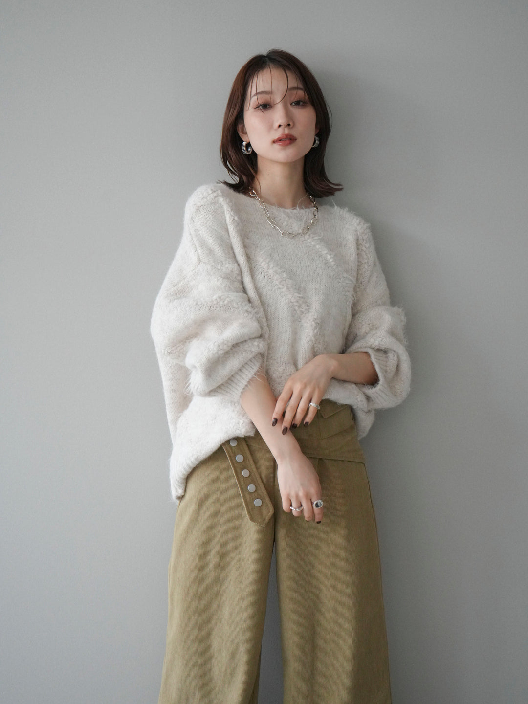 [予約]ブークレラインデザインニットプルオーバー/ivory