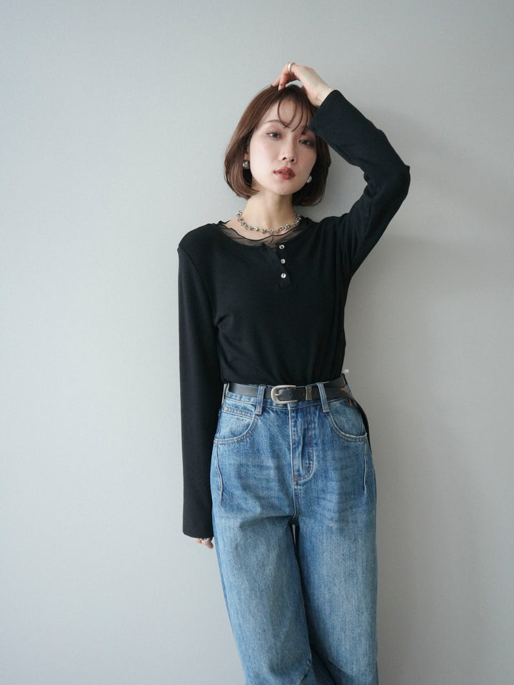 [予約]チュールレイヤードヘンリーネックカットソー/black