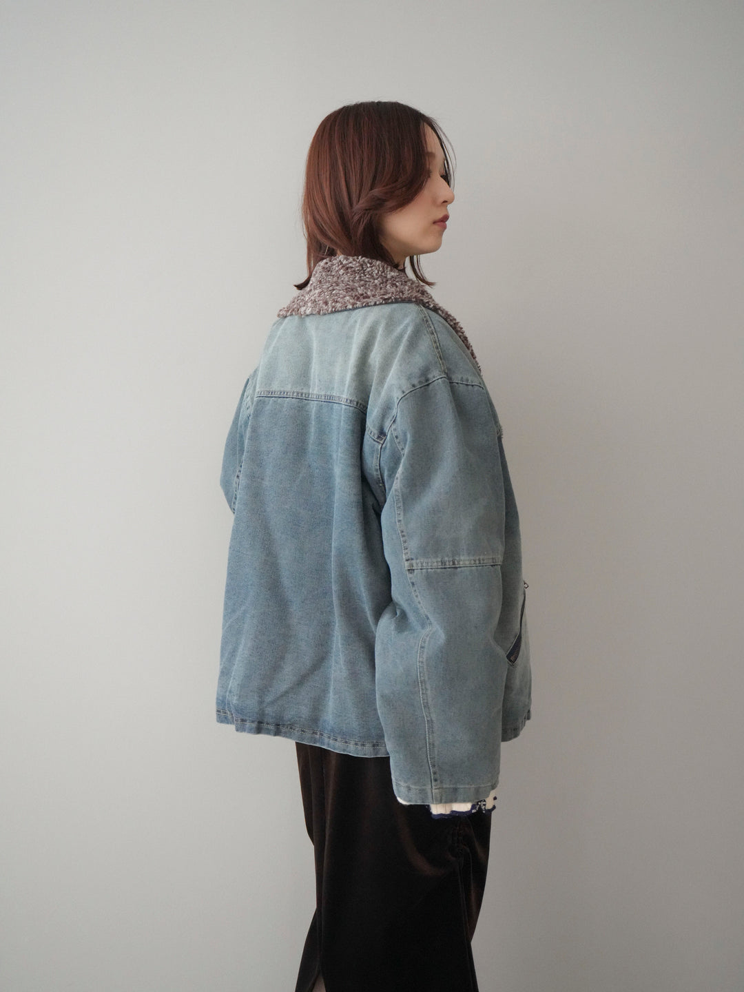 [SET]ミックスボアデニムジャケット+フロントリボン配色メローニットカーディガン(2set)