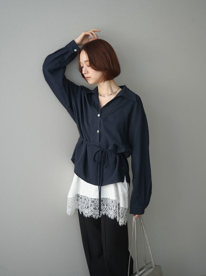 [SET]Vネック変形ラインシャツ+レーストリムキャミソール(2set)