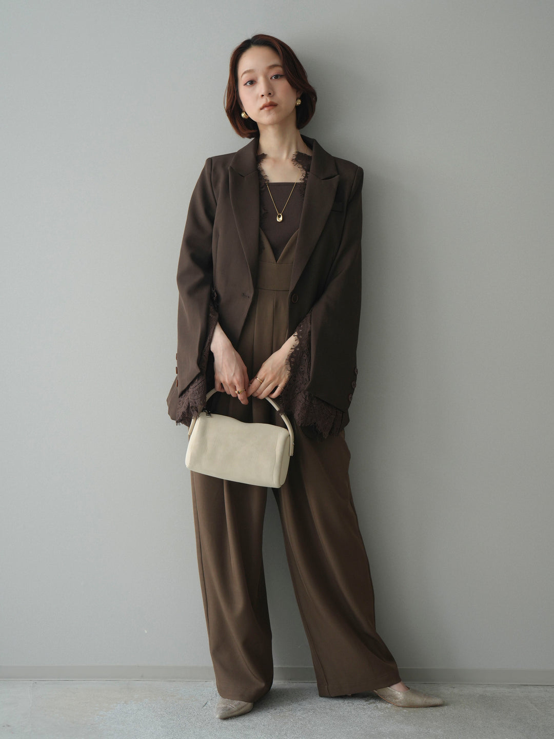 [SET]レースレイヤードスリットジャケット+バックデザインサロペット(2set)