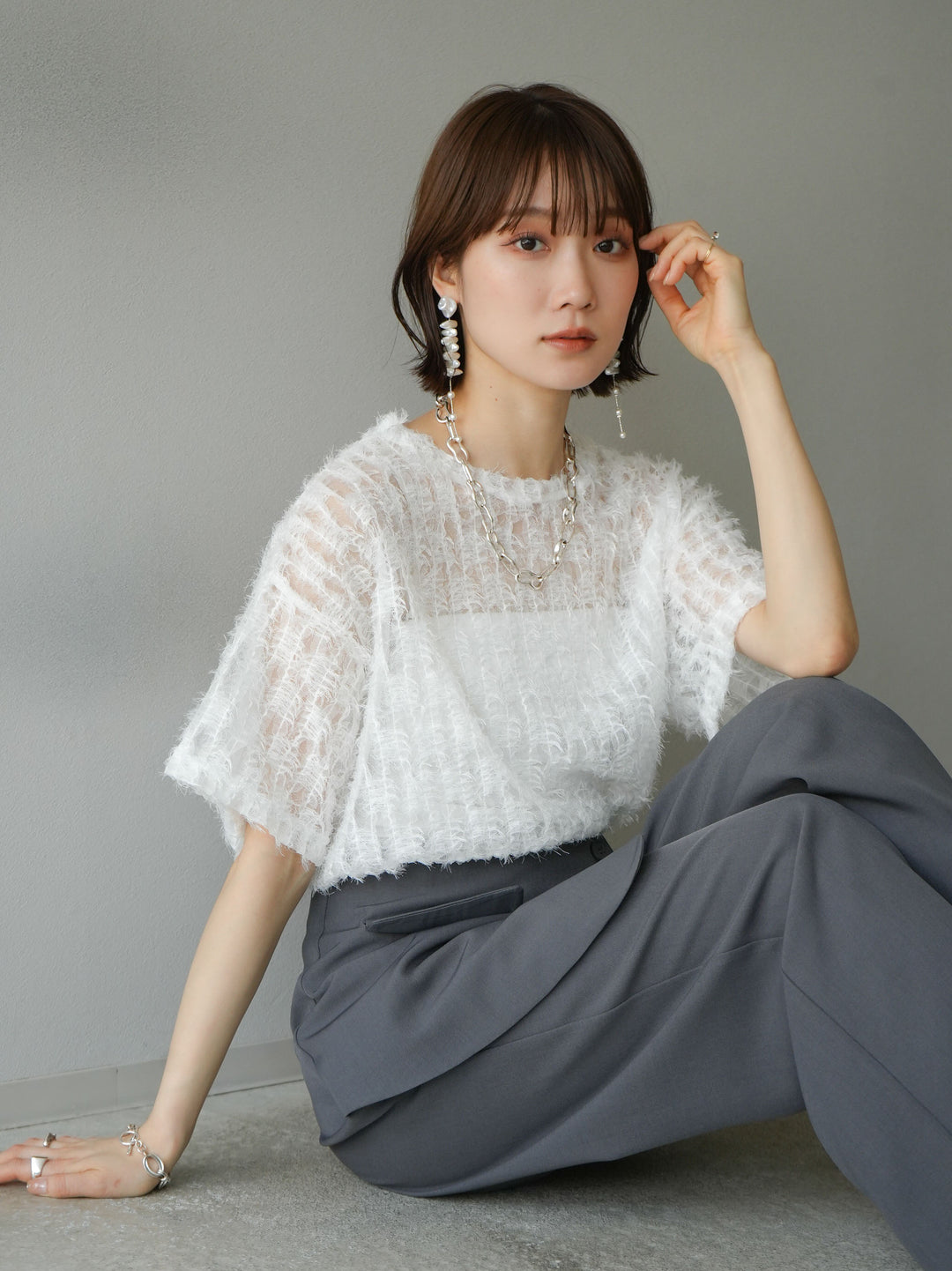 [Pre-order] Fringe Tulle 5/4 Sleeve Over Top/Off-White