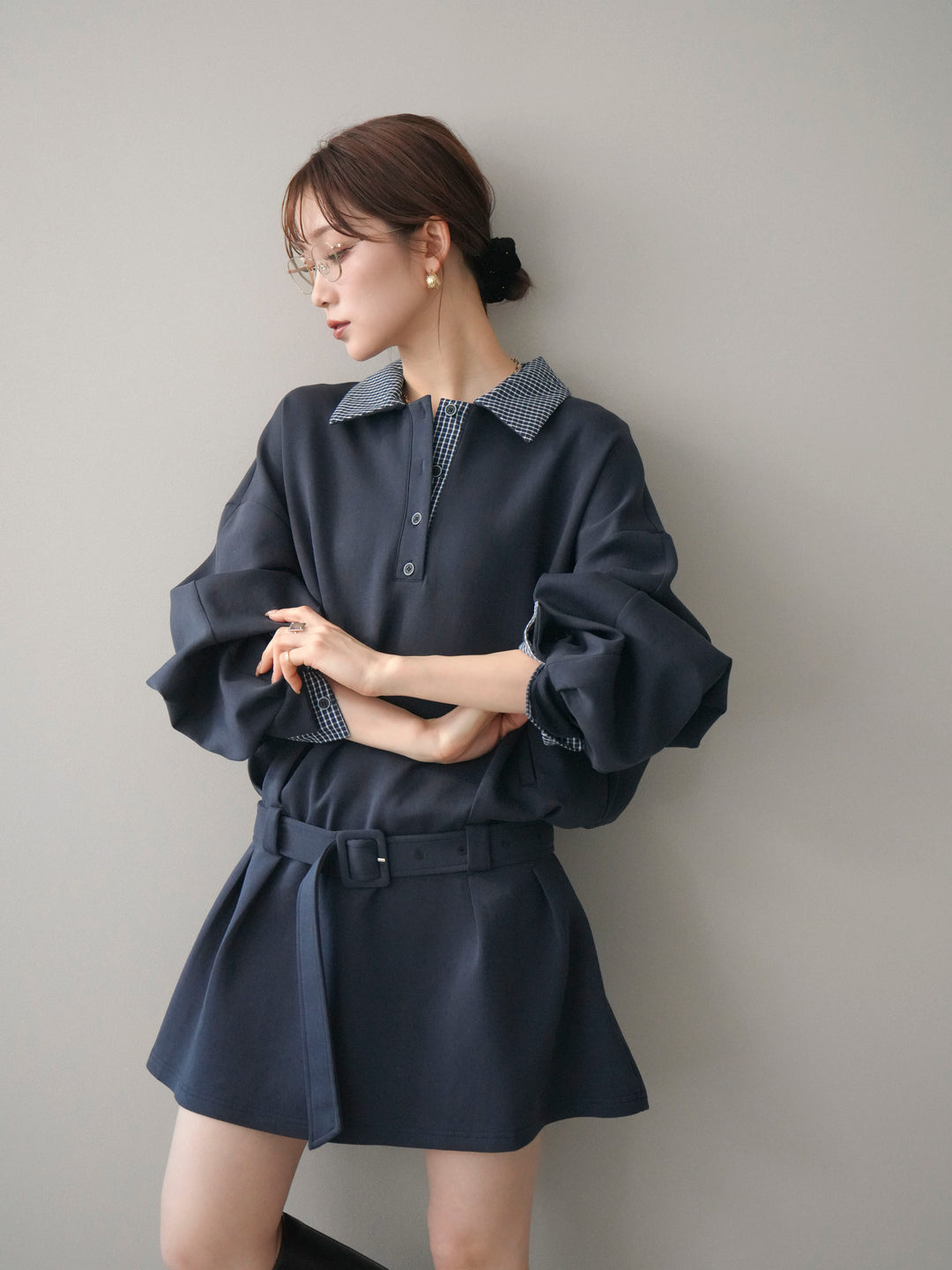 [予約]チェック襟xスエットミニワンピース/blue