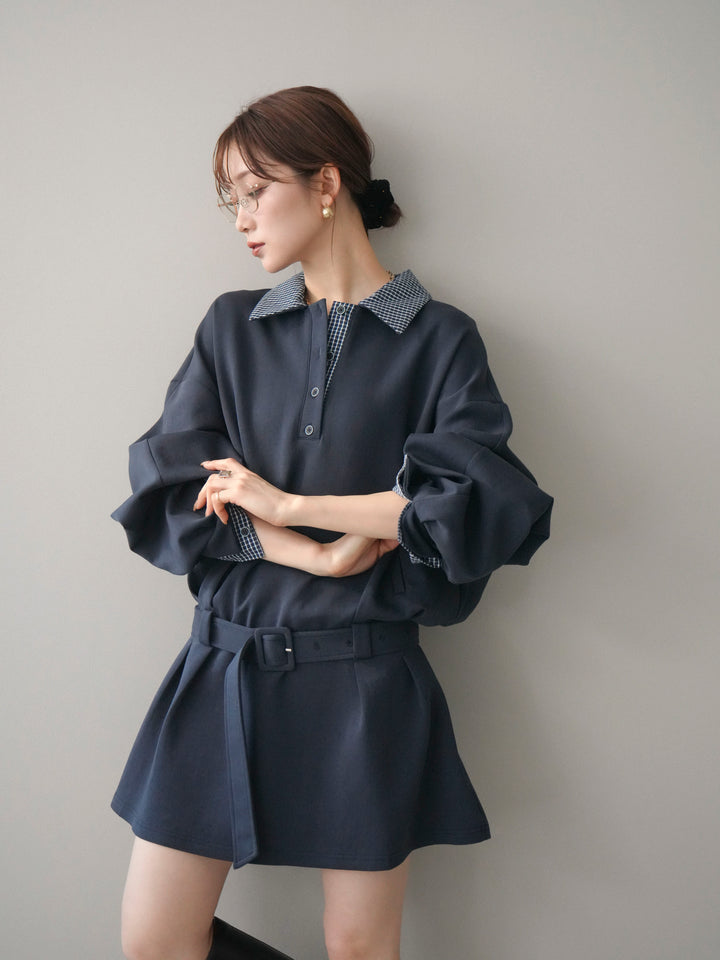 [予約]チェック襟xスエットミニワンピース/blue