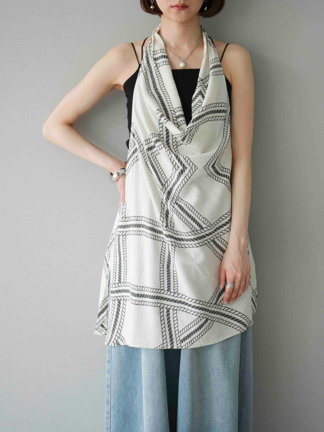 [予約]ロープ柄リネンタッチノースリブラウス/アイボリー