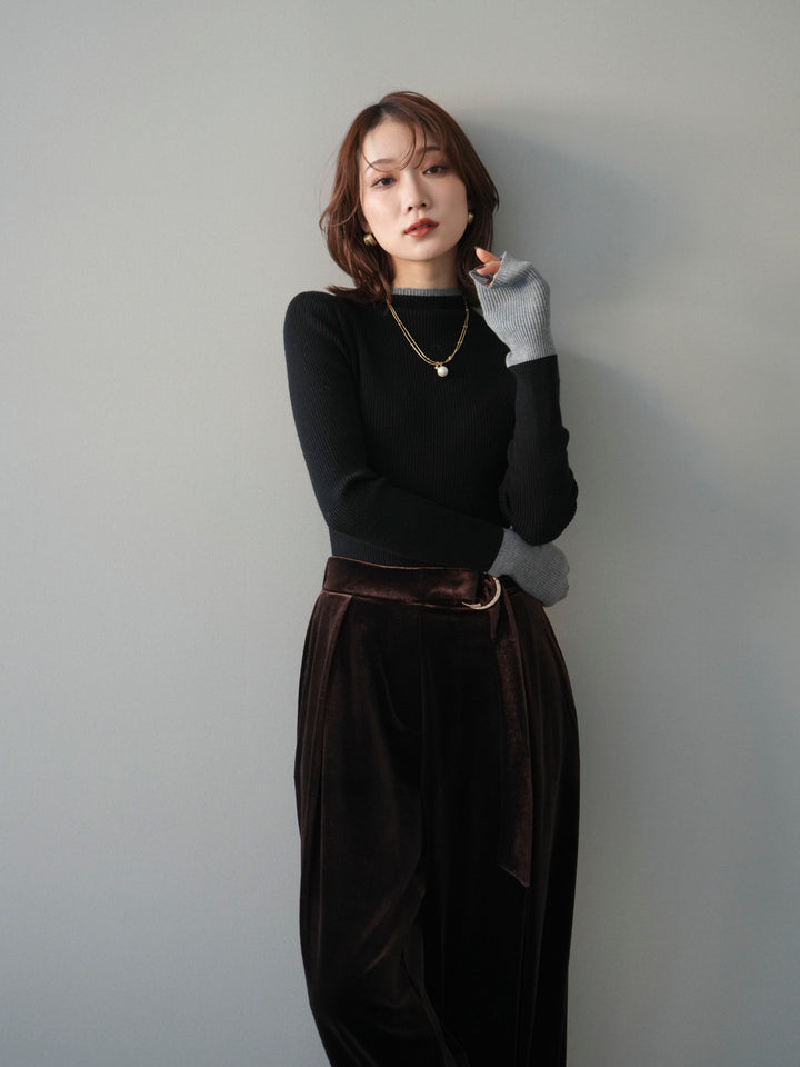 [予約]袖ボタンハイネック配色リブニットトップス/black