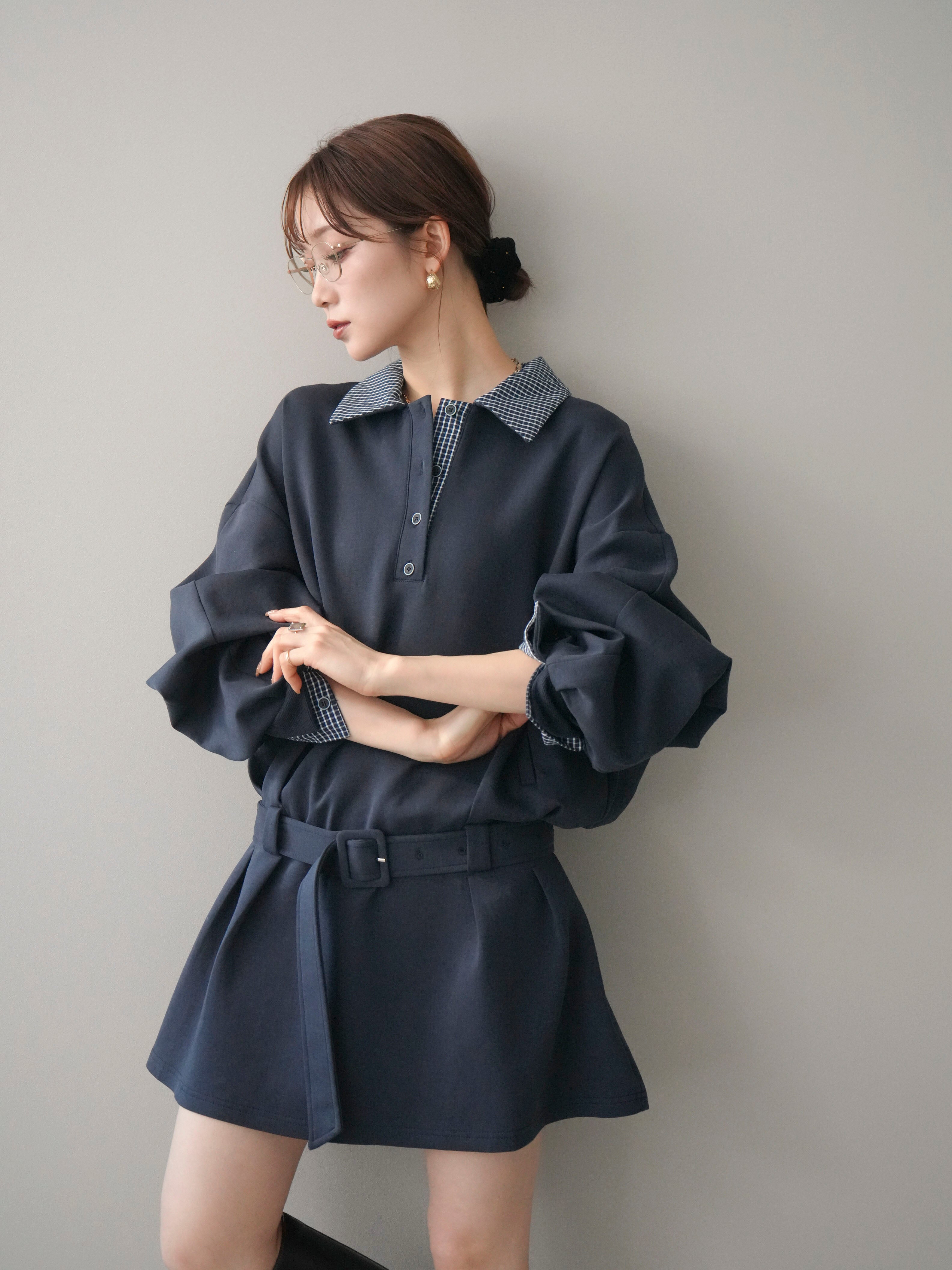 litmusミニワンピース SET]チェック襟xスエットミニワンピース+選べるアクセセット(2set